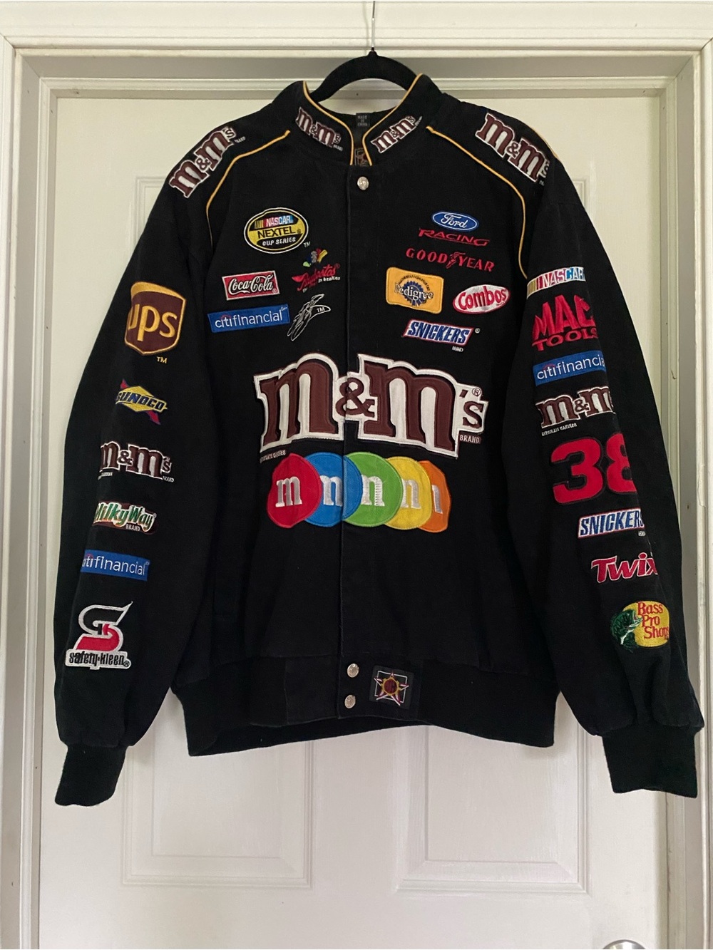 Vintage JH Design M&Ms NASCAR #38 Elliot Sadler XL Embroidered Racing Coat Y2K